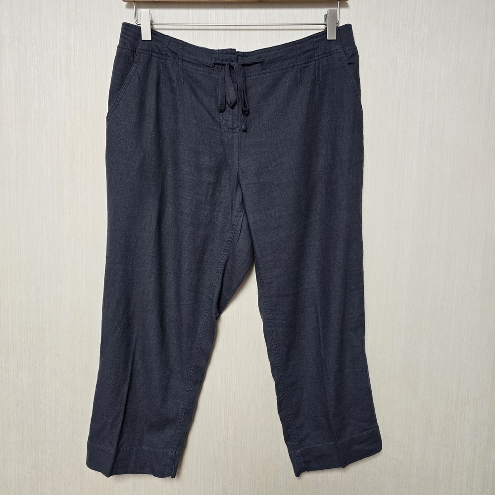 J Jill Crop Linen Blend Pant Size 12P Petite Drawstring Zip Blue Stretch Waist